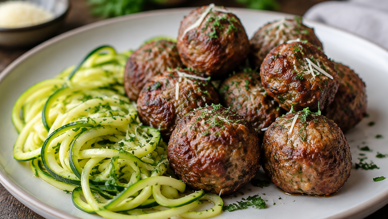Italian meatballs with ground beef, pork, Parmesan and herbs, served with zucchini noodles, low carb ketovore dinner recipe, 5g net carbs, high protein meal