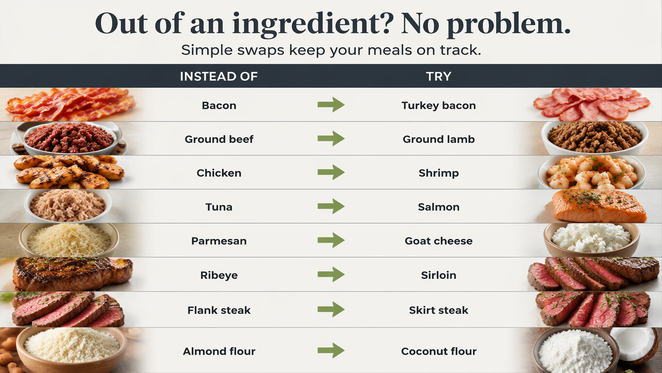 Easy ingredient substitutions for ketovore recipes with meat, cheese, and low-carb alternatives